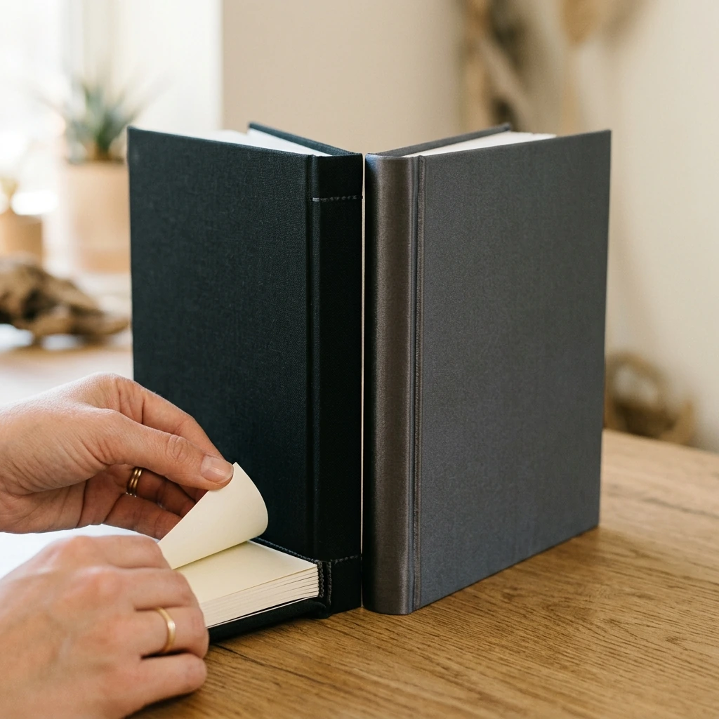 Dos libros de fotos con acabados distintos, vistos de cerca para comparar la encuadernación y el acabado de la portada, con una mano pasando una página.
