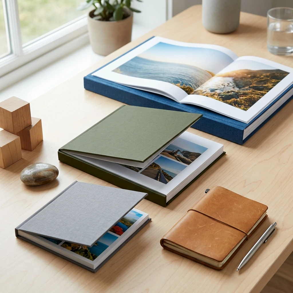 Comparación de tamaños de libros de fotos sobre una mesa luminosa, junto a un cuaderno de viaje, para elegir el formato más adecuado.