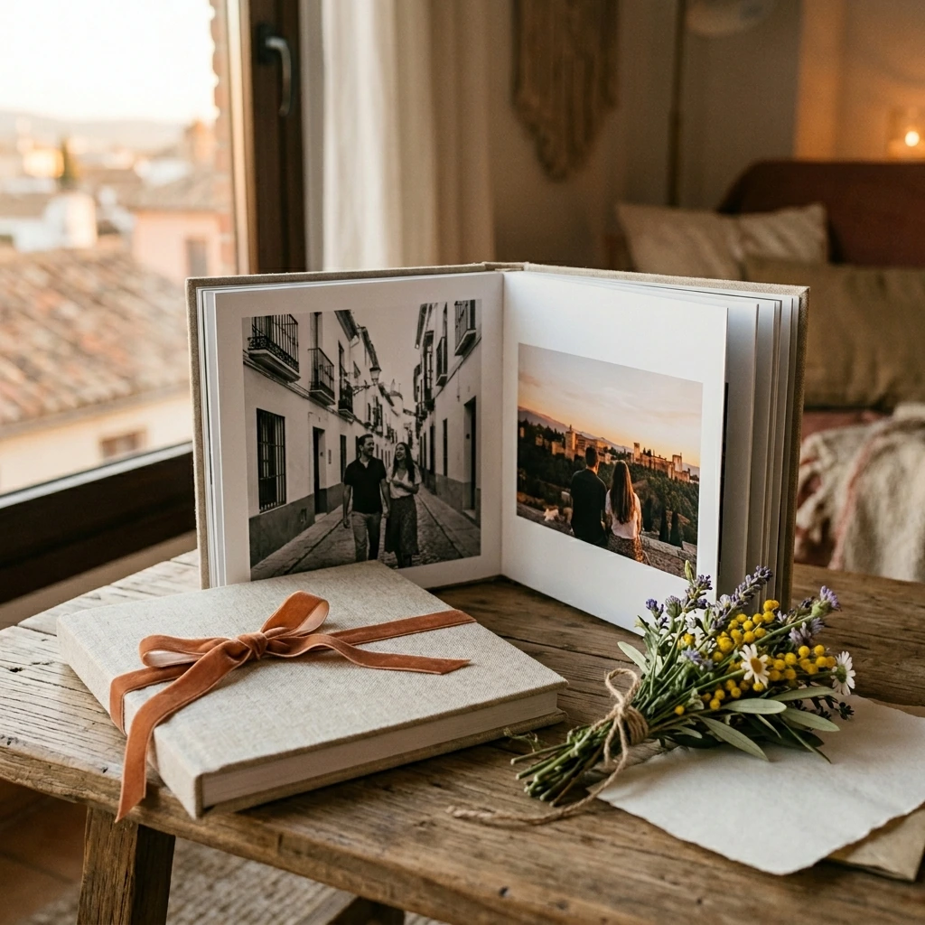 Libro de fotos de viaje para regalar junto a flores silvestres y una tarjeta sin texto visible