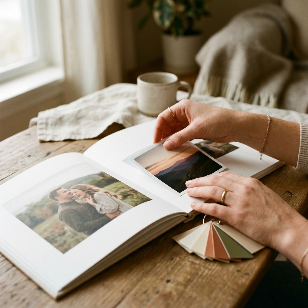 Manos colocando una foto en la página abierta de un fotolibro premium, con muestras de color para comprobar el acabado antes de imprimir