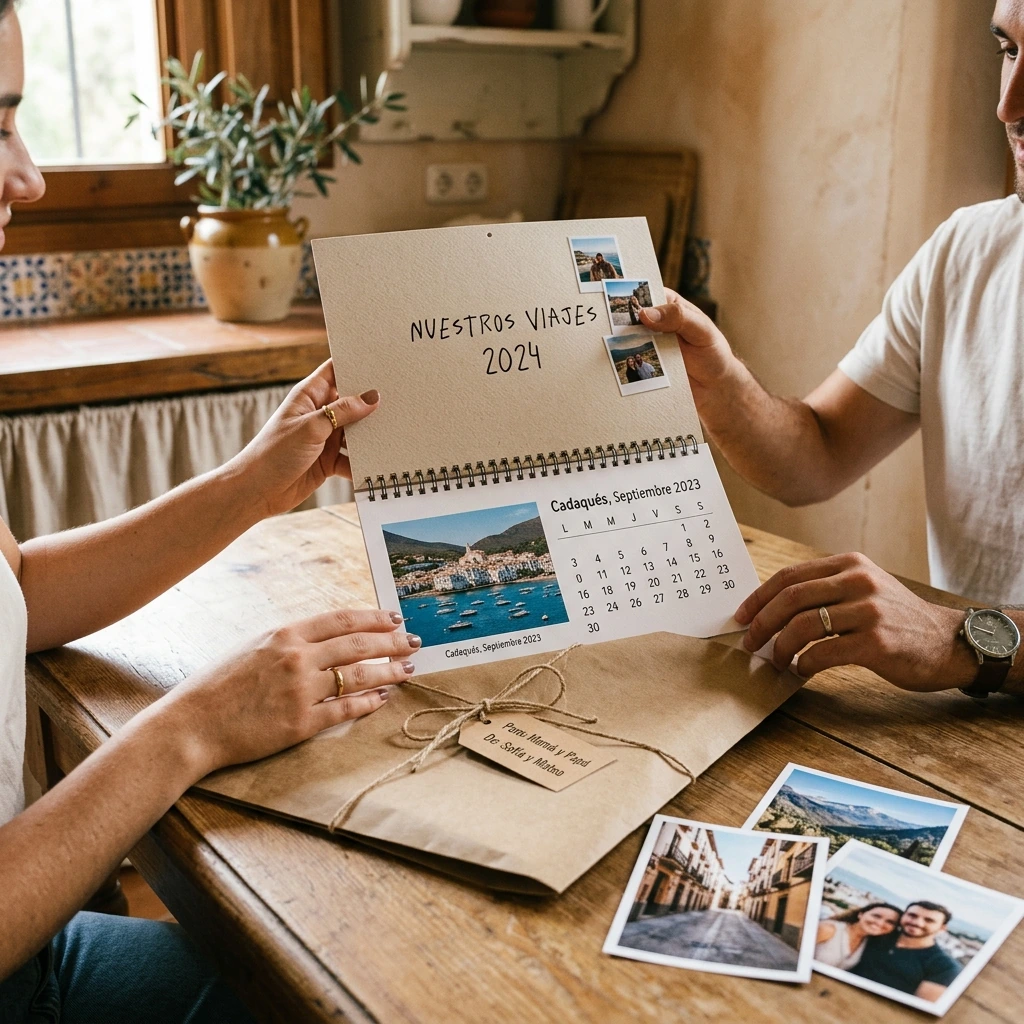 Manos de una pareja preparando un calendario de pared personalizado como regalo