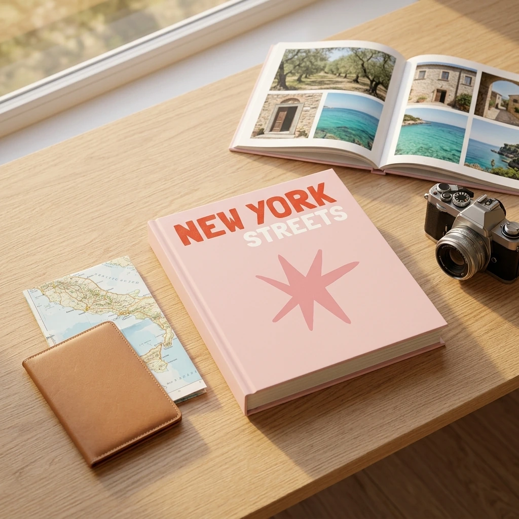 Fotolibro de viaje abierto junto a una cámara y objetos de ruta sobre una mesa de madera