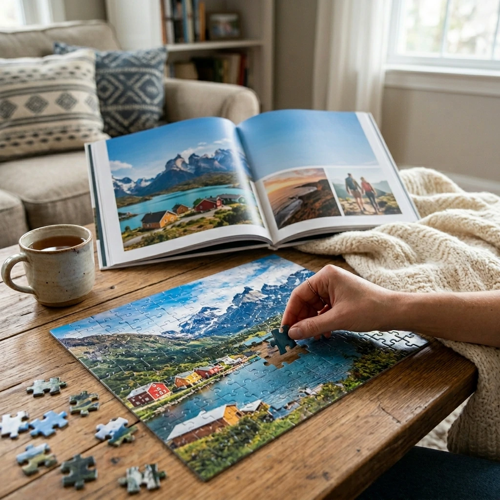 Un puzzle hecho con fotos de viaje en el salón, con un fotolibro personalizado abierto al lado, para mostrar cómo queda como recuerdo en casa.