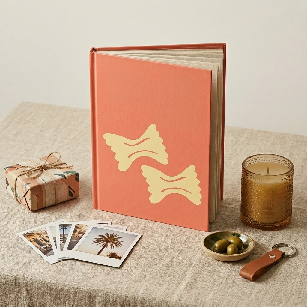 Collage de ideas de regalo con un fotolibro premium como pieza central y detalles elegantes alrededor