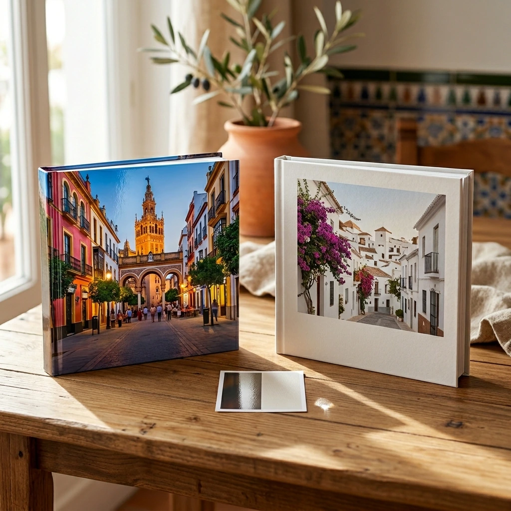 Dos libros de fotos de viaje junto a muestras de papel sobre una mesa luminosa