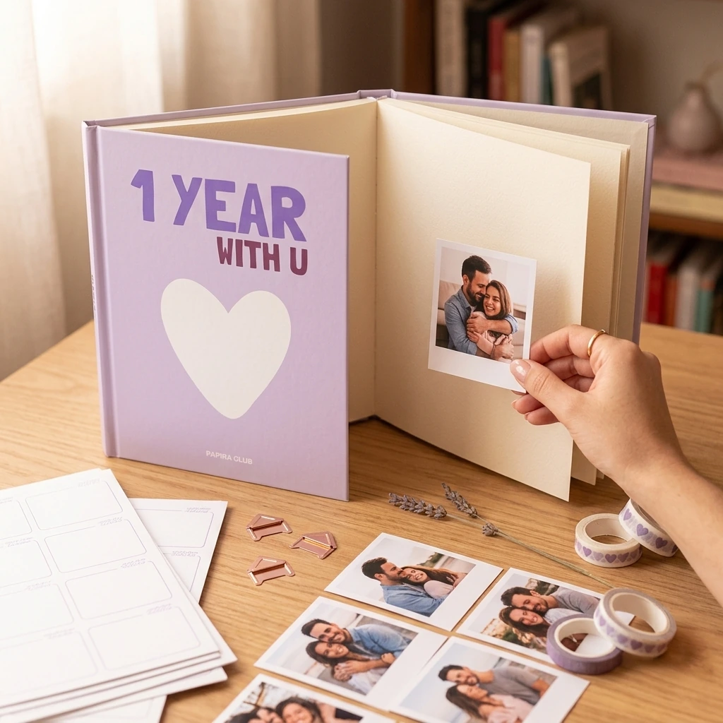 Momento romántico preparando un álbum de fotos con imágenes colocadas sobre la mesa