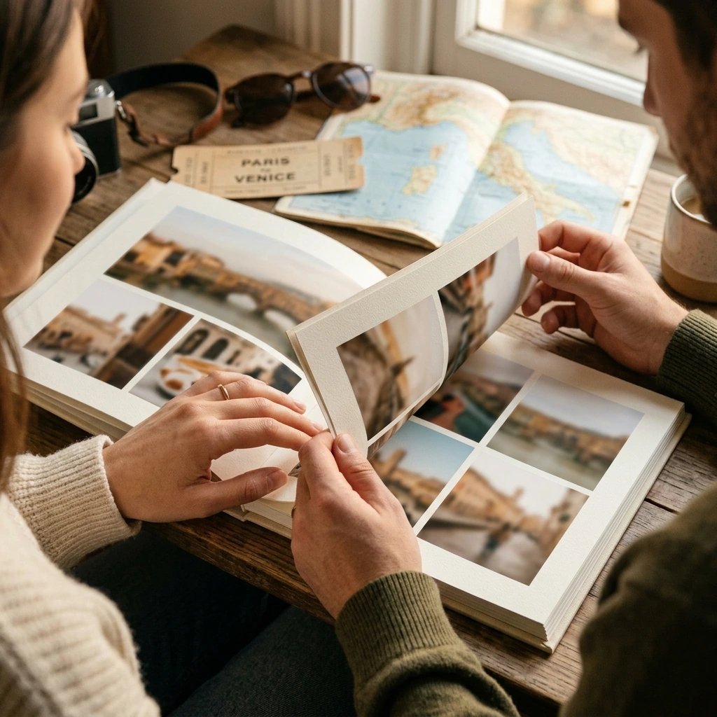 Pareja pasando páginas de un fotolibro de viaje y observando la textura del papel