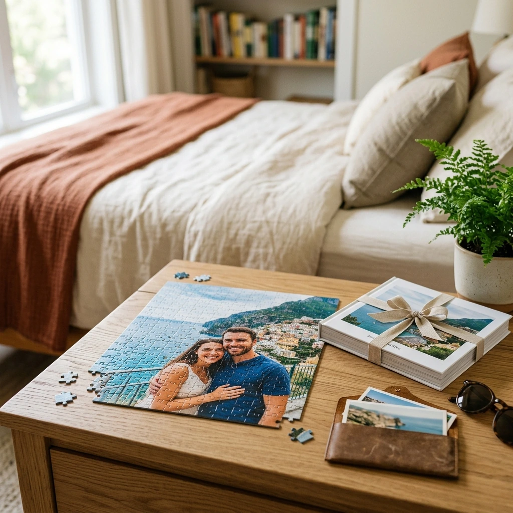 Un puzzle de fotos casi terminado con un fotolibro personalizado y detalles de viaje alrededor, mostrando una idea de regalo sentimental para parejas.