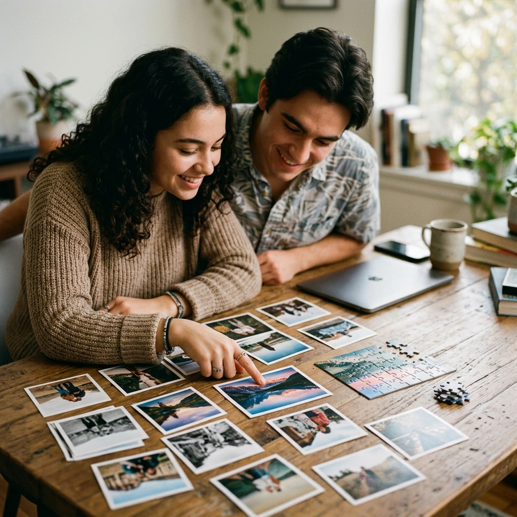 Una pareja joven revisando fotos impresas en una mesa acogedora y señalando cuál es la mejor imagen para convertirla en un puzzle.