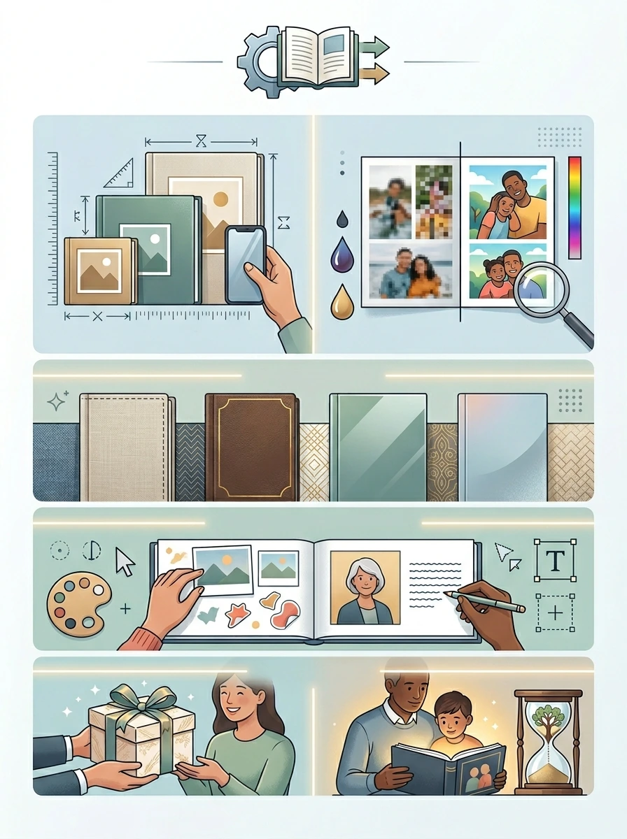 Composición visual con los criterios clave para elegir un álbum de fotos personalizado.