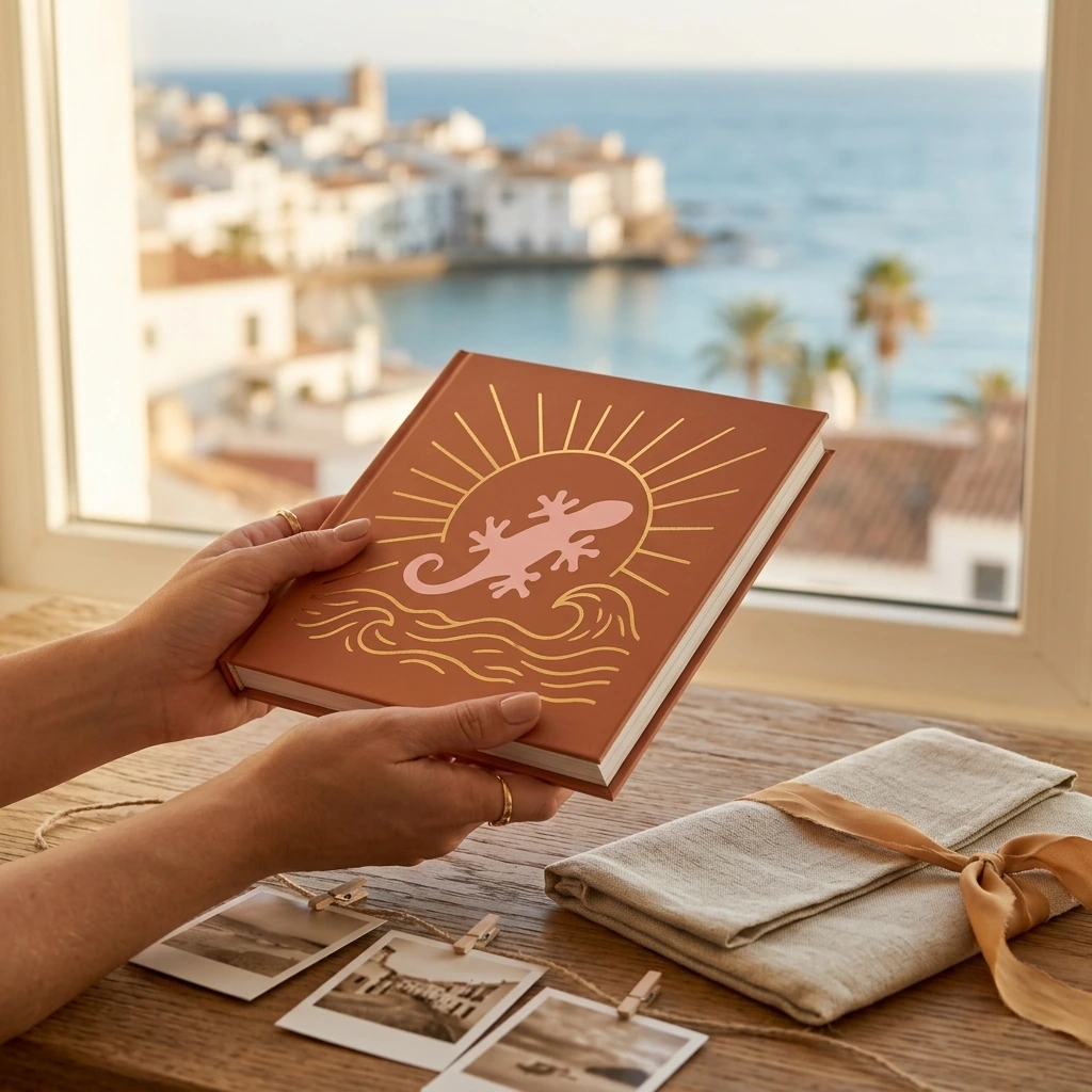 Fotolibro de viaje personalizado junto a una ventana, con acabado premium y ambiente de escapada