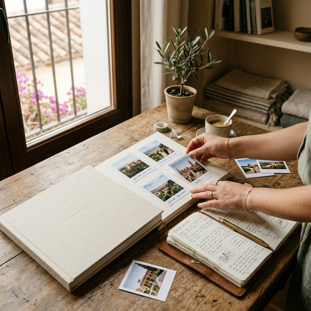 Manos colocando fotos impresas en un libro de fotos de viaje junto a un cuaderno de ruta