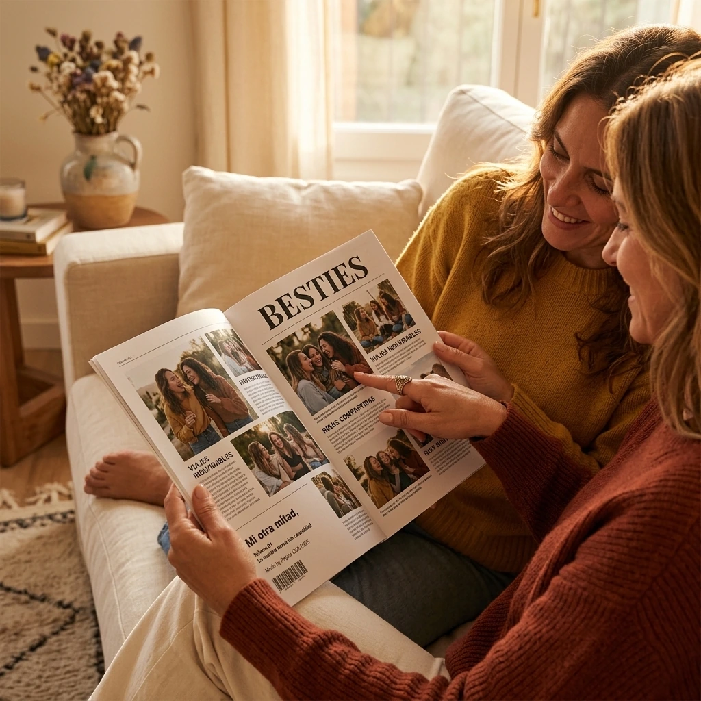 Dos amigas hojeando una revista personalizada con fotos impresas