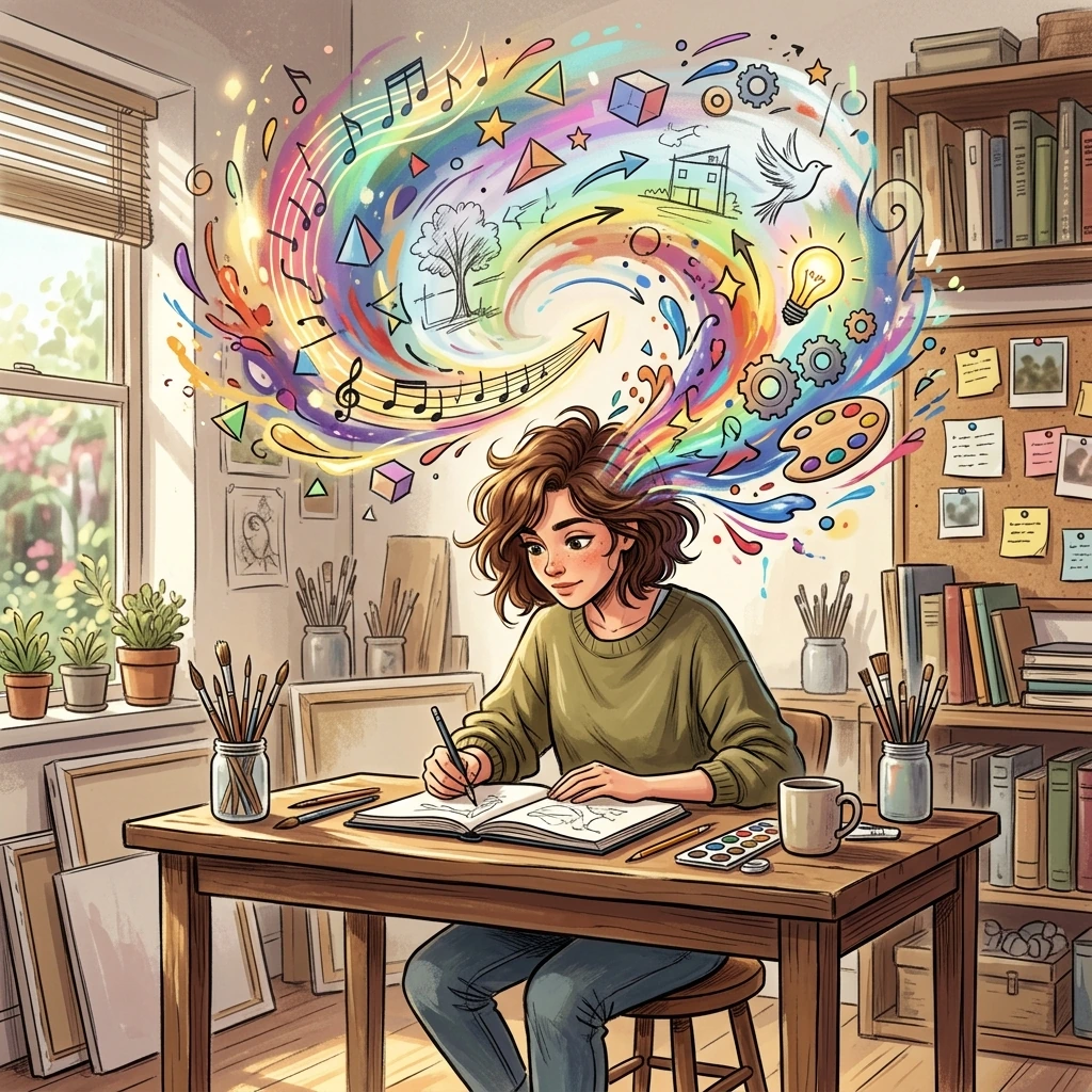Ilustración creativa de una persona diseñando recuerdos personalizados en su escritorio