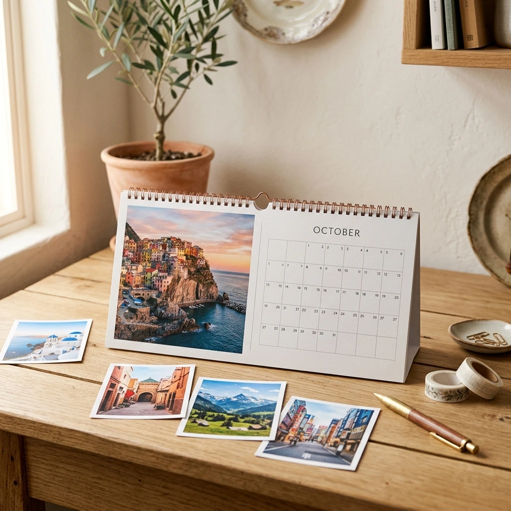 Calendario de pared abierto sobre un escritorio con fotos de viaje impresas alrededor