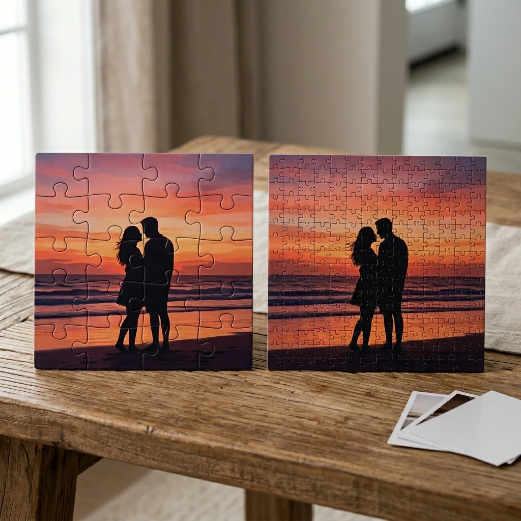 Dos puzzles de fotos completados colocados en paralelo para comparar tamaños y nivel de detalle de las piezas, con iluminación suave y estética cuidada.