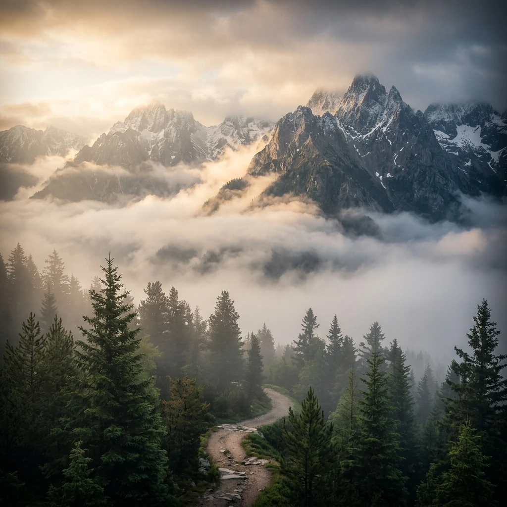 Paisaje de montaña con niebla y un sendero entre pinos