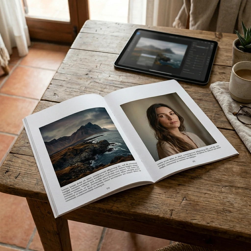 Páginas de una revista personalizada sobre la mesa, con fotos de distinto acabado y corrección de color