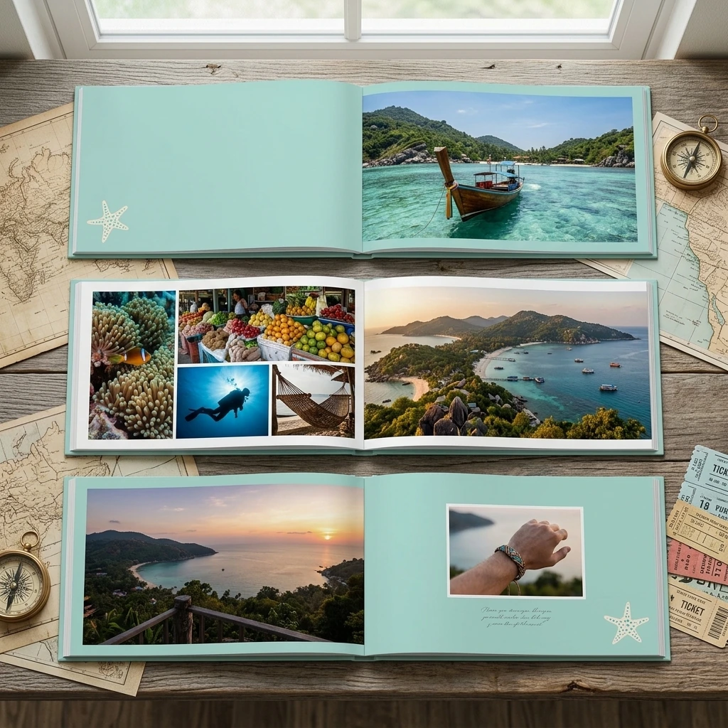 Tres páginas de un fotolibro de viaje con un ritmo visual claro entre inicio, parte central y final