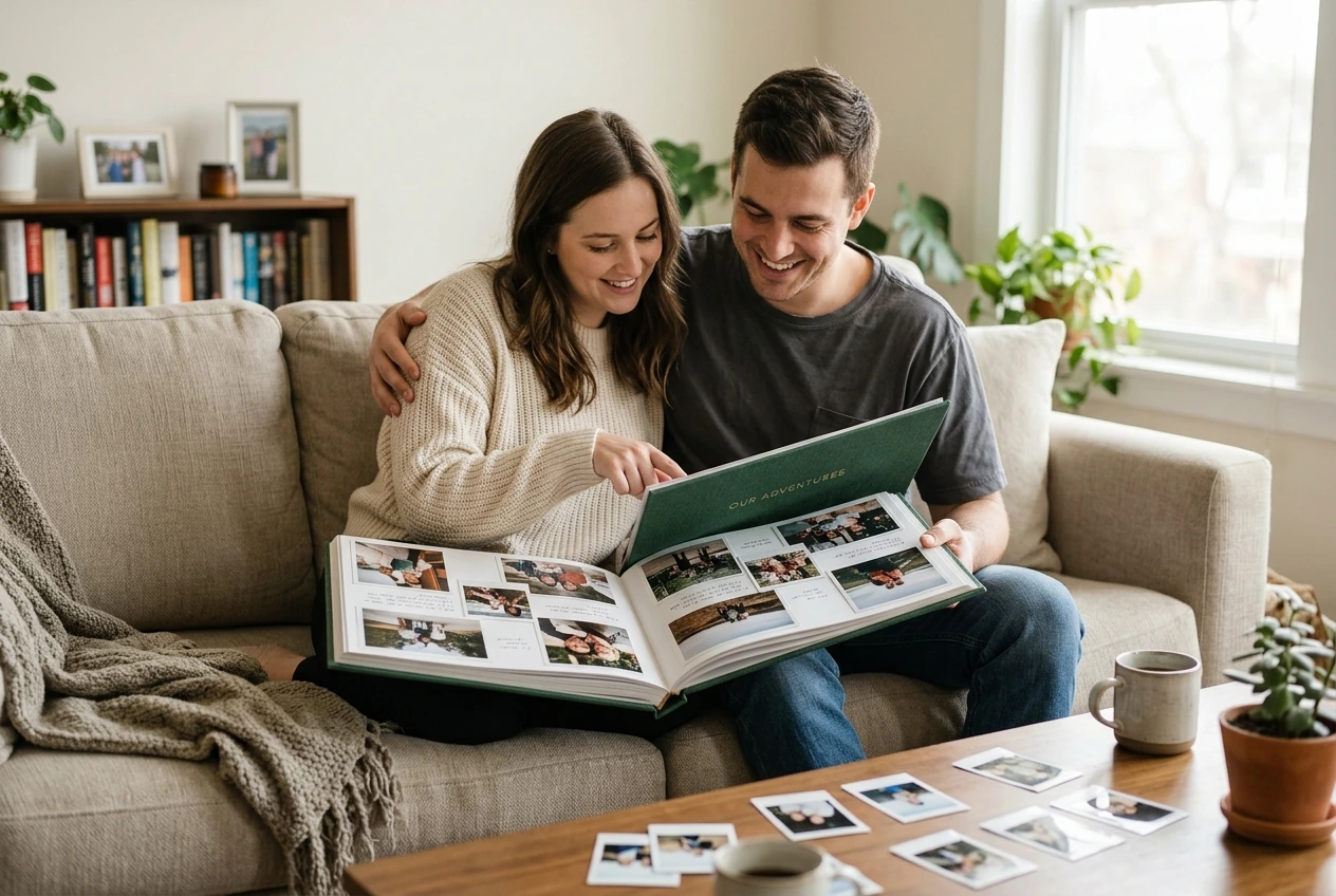 Una pareja joven hojeando un álbum de fotos personalizado en casa, en un ambiente íntimo y cálido.
