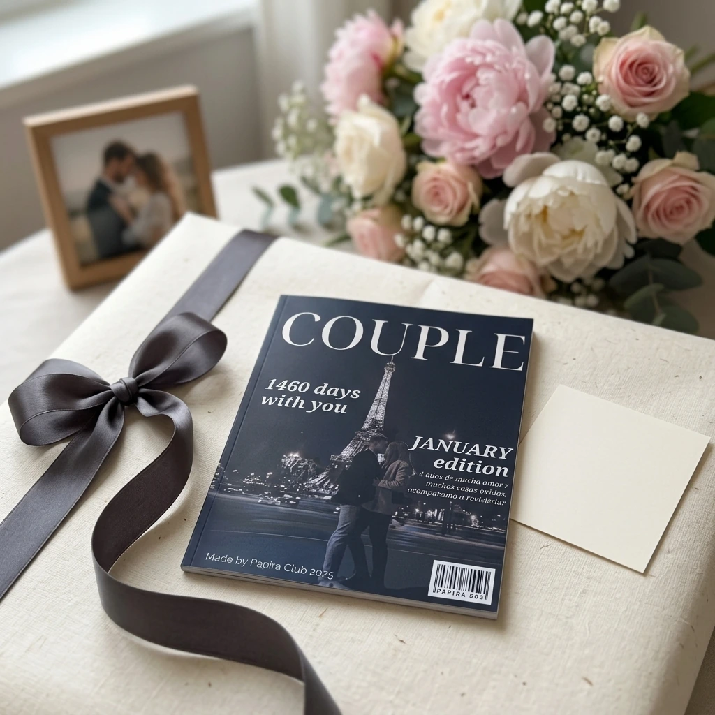 Regalo romántico listo con una revista de fotos personalizada, cinta y detalles elegantes sobre un fondo cálido