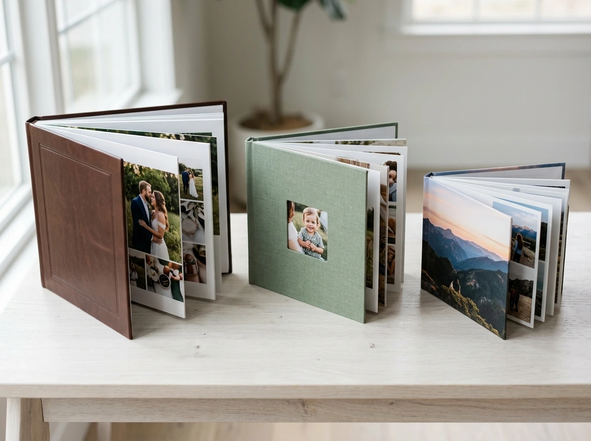 Tres álbumes de fotos personalizados colocados en paralelo para comparar formatos y acabados.