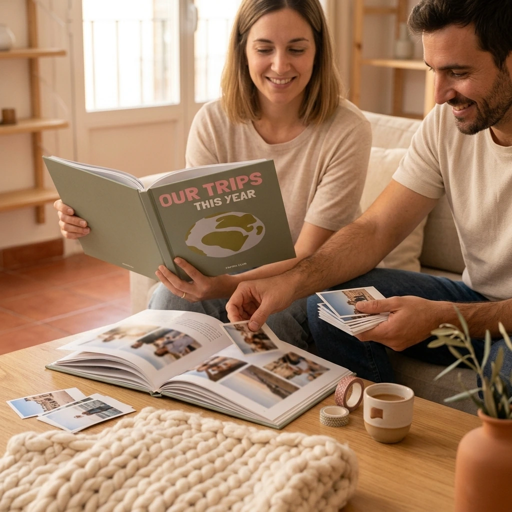 Pareja hojeando un fotolibro personalizado sobre recuerdos de viaje