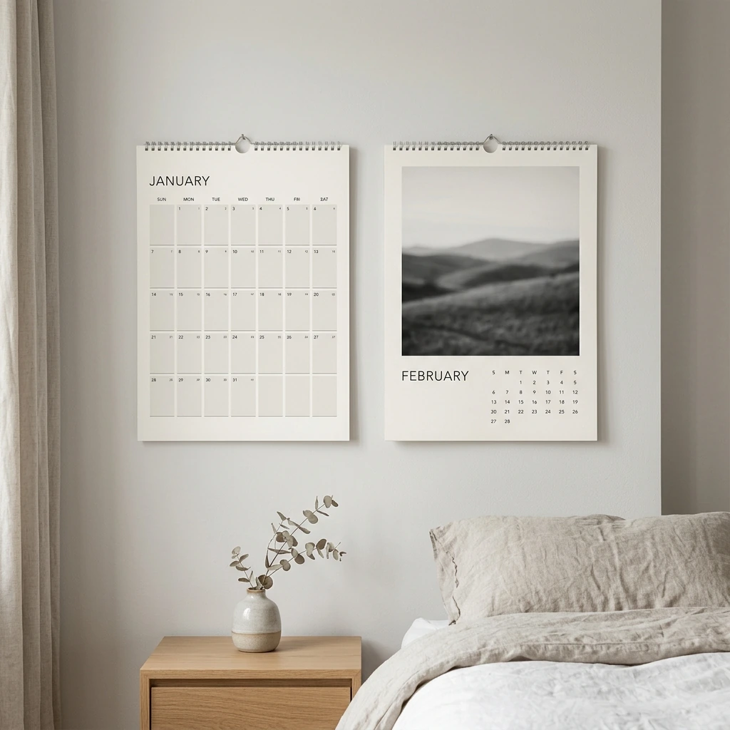 Dos calendarios de pared minimalistas con fotos en un dormitorio luminoso