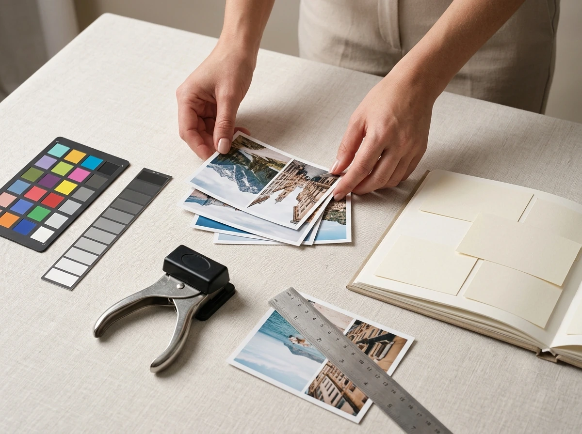 Manos alineando fotos, carta de color y una guía para revisar tonos antes de maquetar
