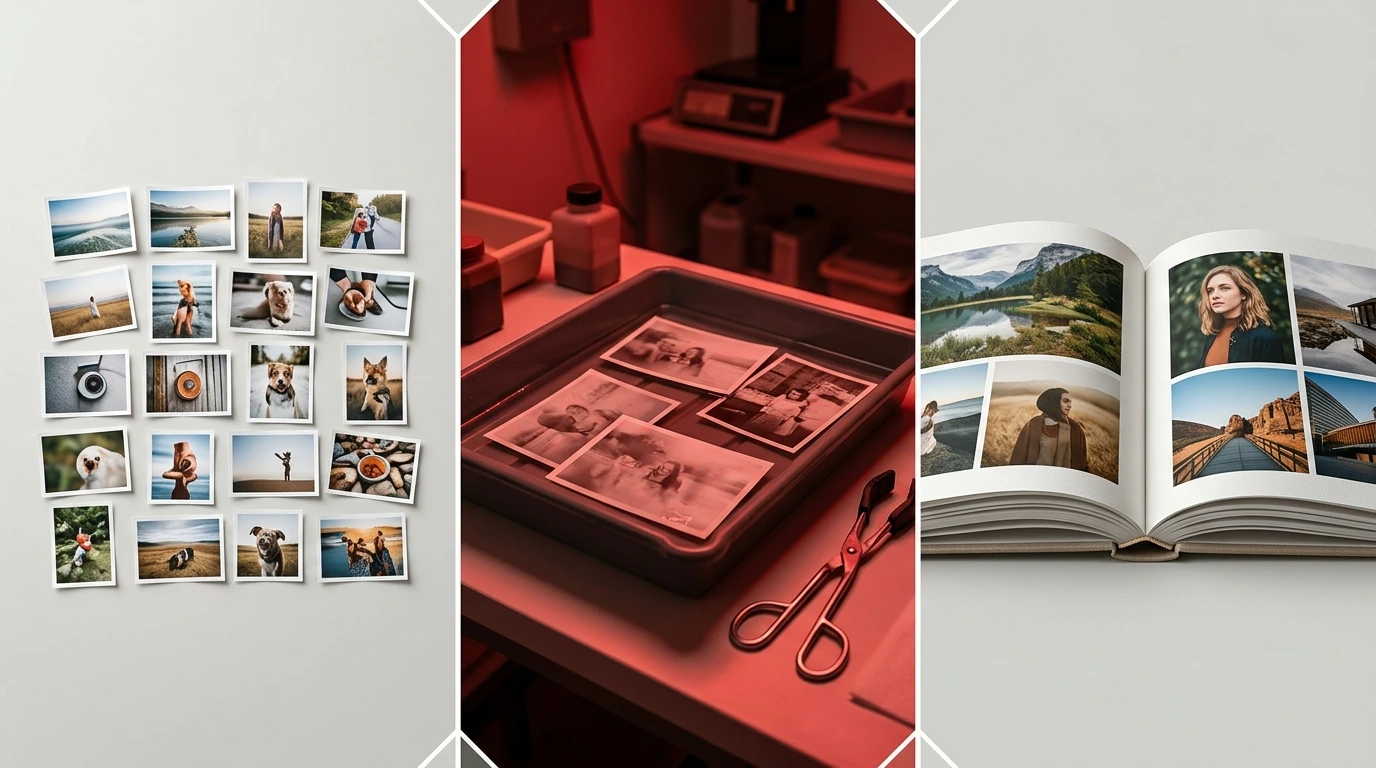 Comparación visual de copias sueltas, un laboratorio y un fotolibro abierto
