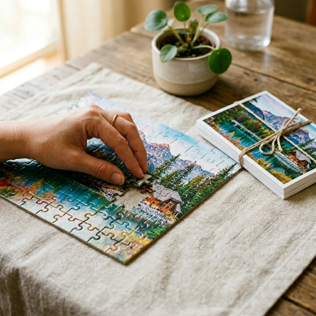 Primer plano de un puzzle de fotos personalizado en proceso de montaje, con buena nitidez de la imagen impresa y una estética cuidada sobre tela de lino.