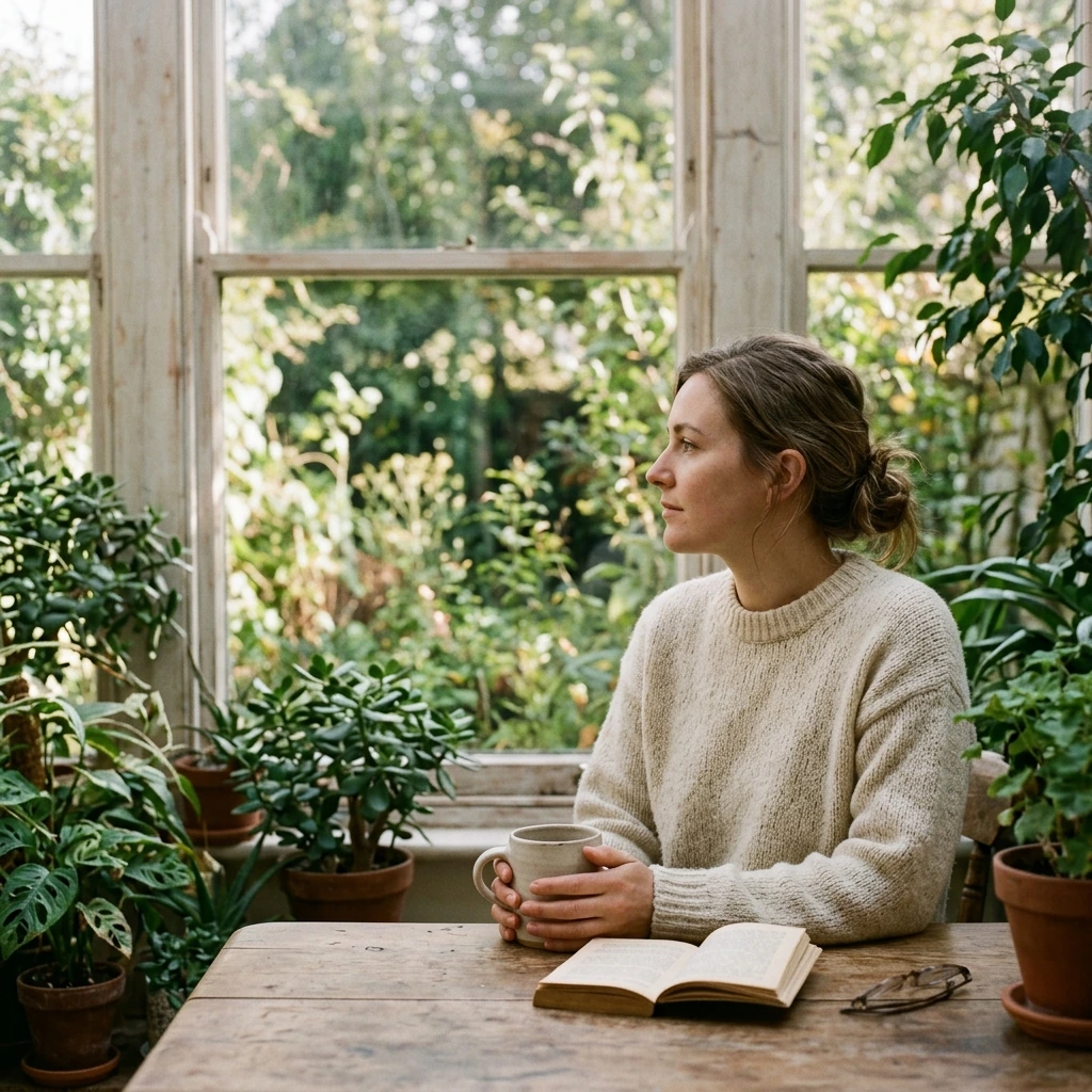 Mujer sentada junto a una ventana, pensando en recuerdos de viaje con una taza en la mano