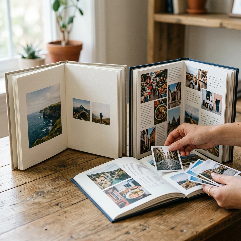 Mesa con dos fotolibros de viaje abiertos y una mano colocando fotos para comparar diseños interiores