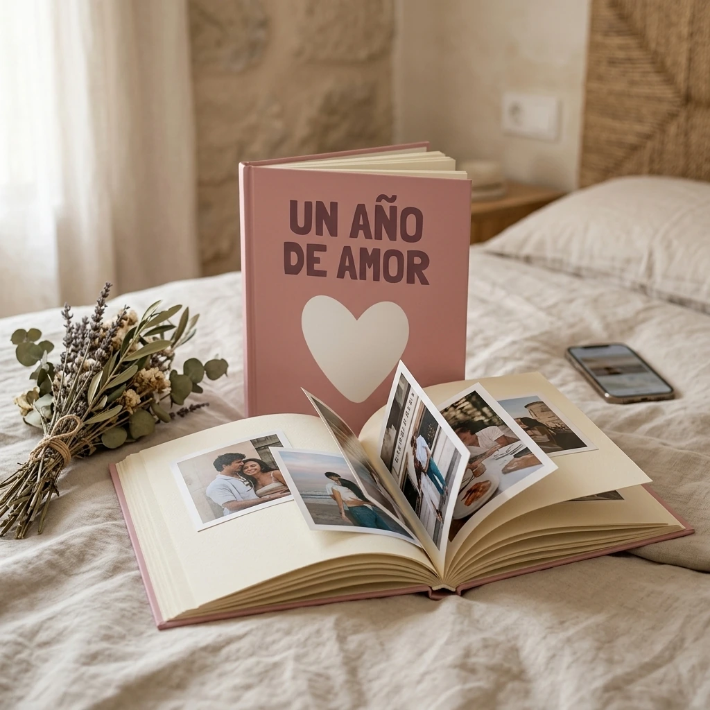 Pareja revisando un fotolibro personalizado abierto sobre la cama, preparado como un recuerdo íntimo