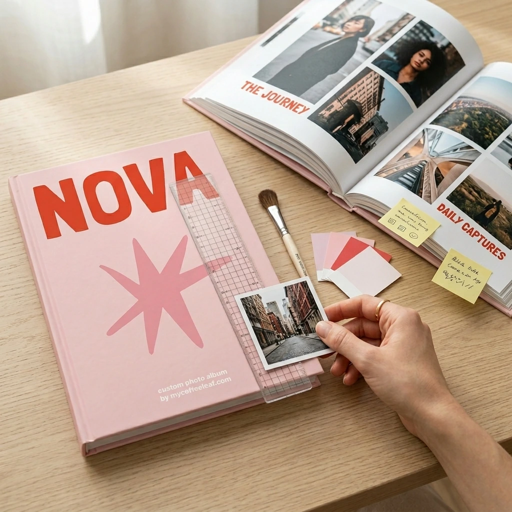 Revisión final de un álbum de fotos con regla, fotos y páginas abiertas antes de imprimir