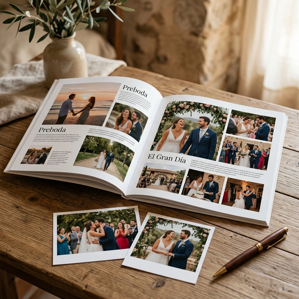 Revista personalizada abierta con un diseño editorial para contar la historia de la preboda al gran día