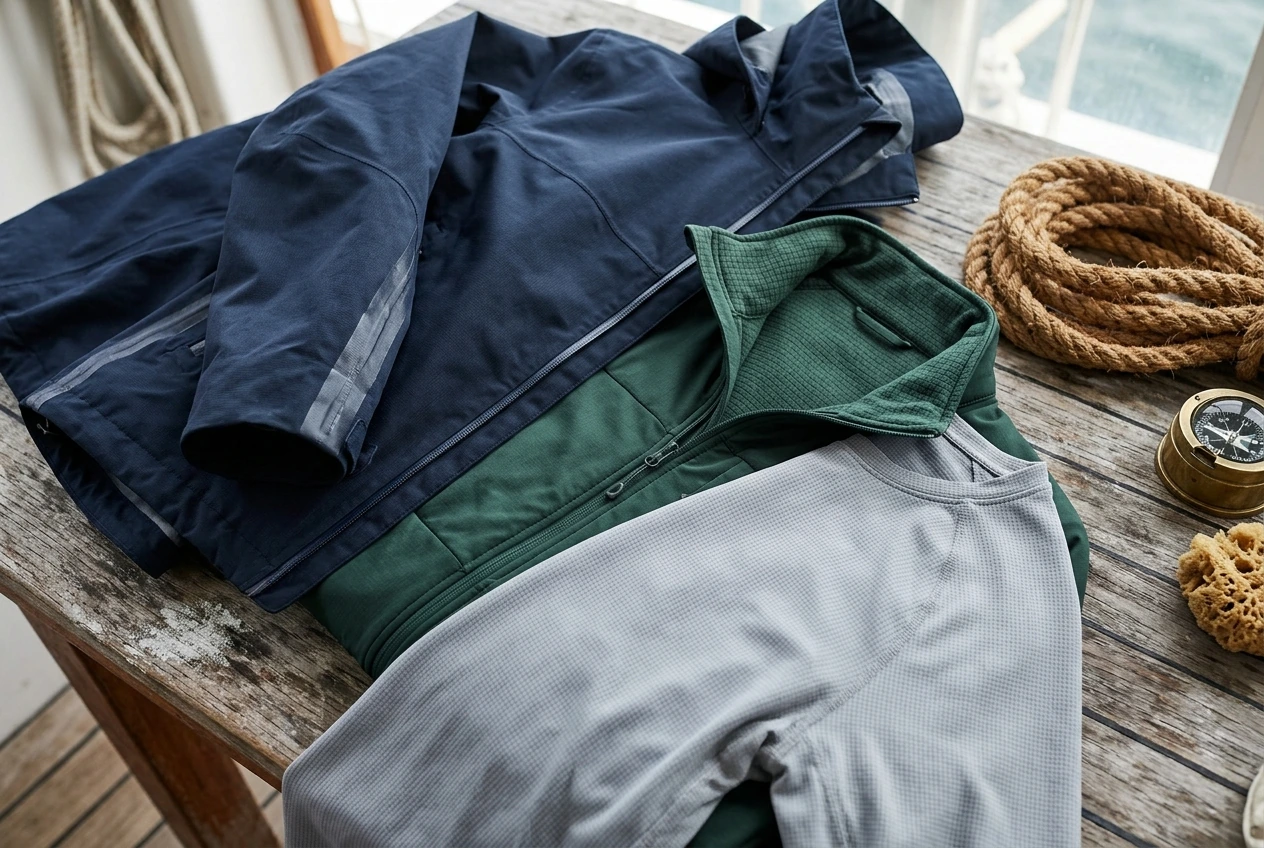 Capas de ropa náutica técnica dispuestas sobre una mesa, con detalles de materiales y protección frente al viento y la humedad