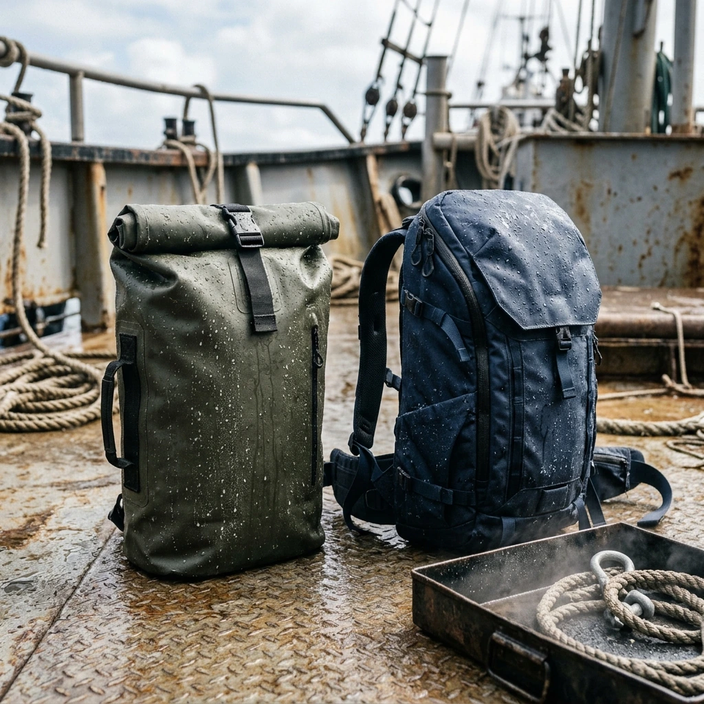 Comparación visual en cubierta entre una mochila con cierre estanco y otra impermeable, con gotas de agua y ambiente marino