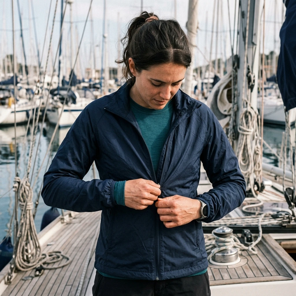 Capas ligeras y cortaviento antes de salir a navegar, con telas técnicas pensadas para viento y cambios de humedad