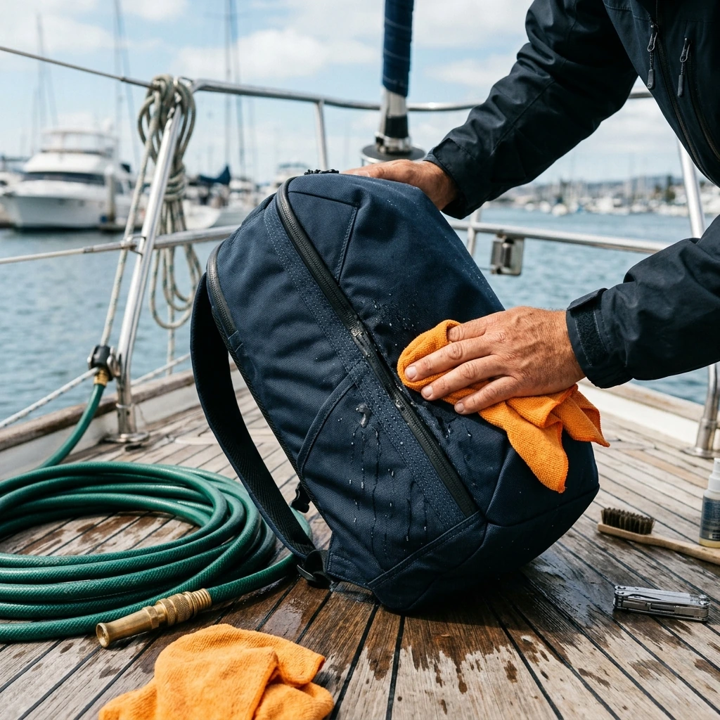 Tripulación limpiando y secando la zona de costuras y cremalleras de una mochila impermeable para protegerla del salitre